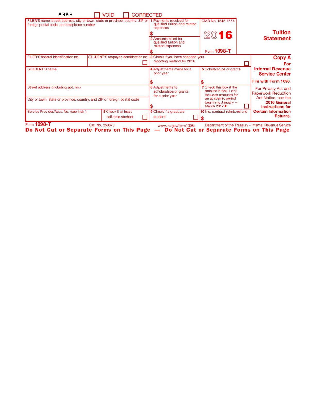 IRS Form 1098-T federal tax information return