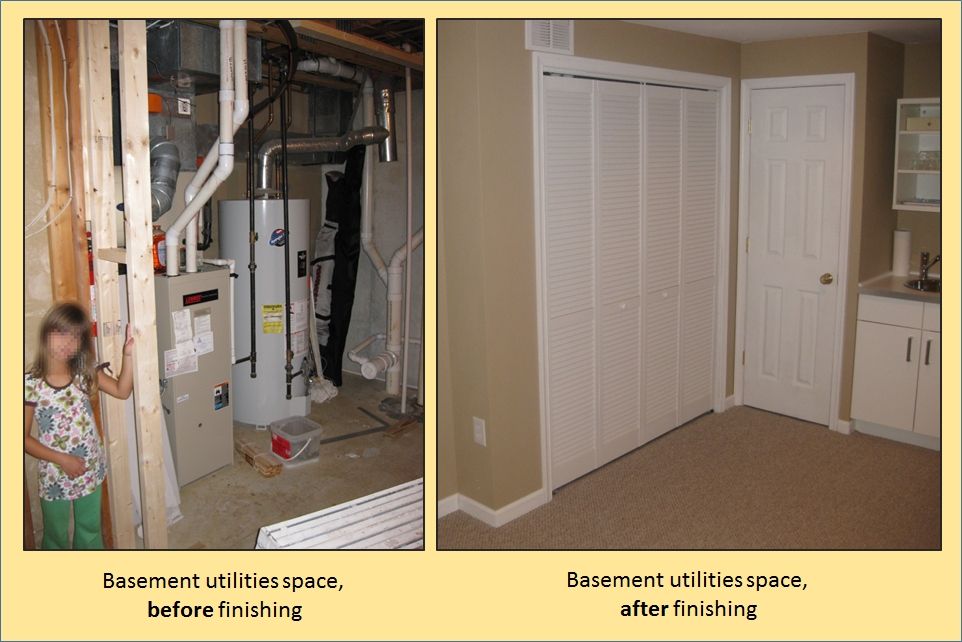 Before and after photos of a basement utilities space with a furnace, water heater, and ductwork