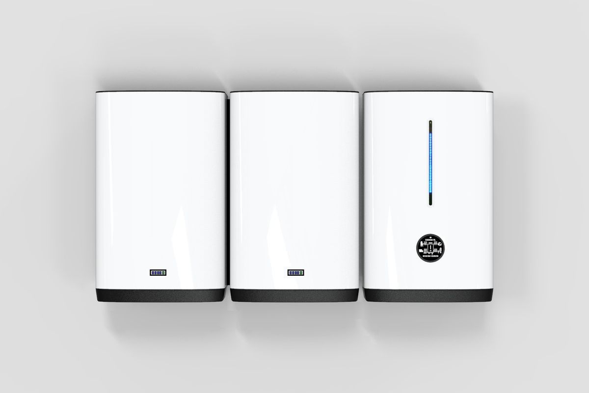 Wall-mounted home battery storage units installed side by side