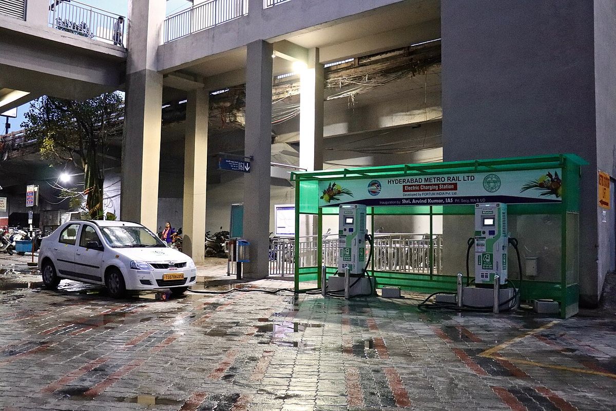 Electric car plugged in and charging