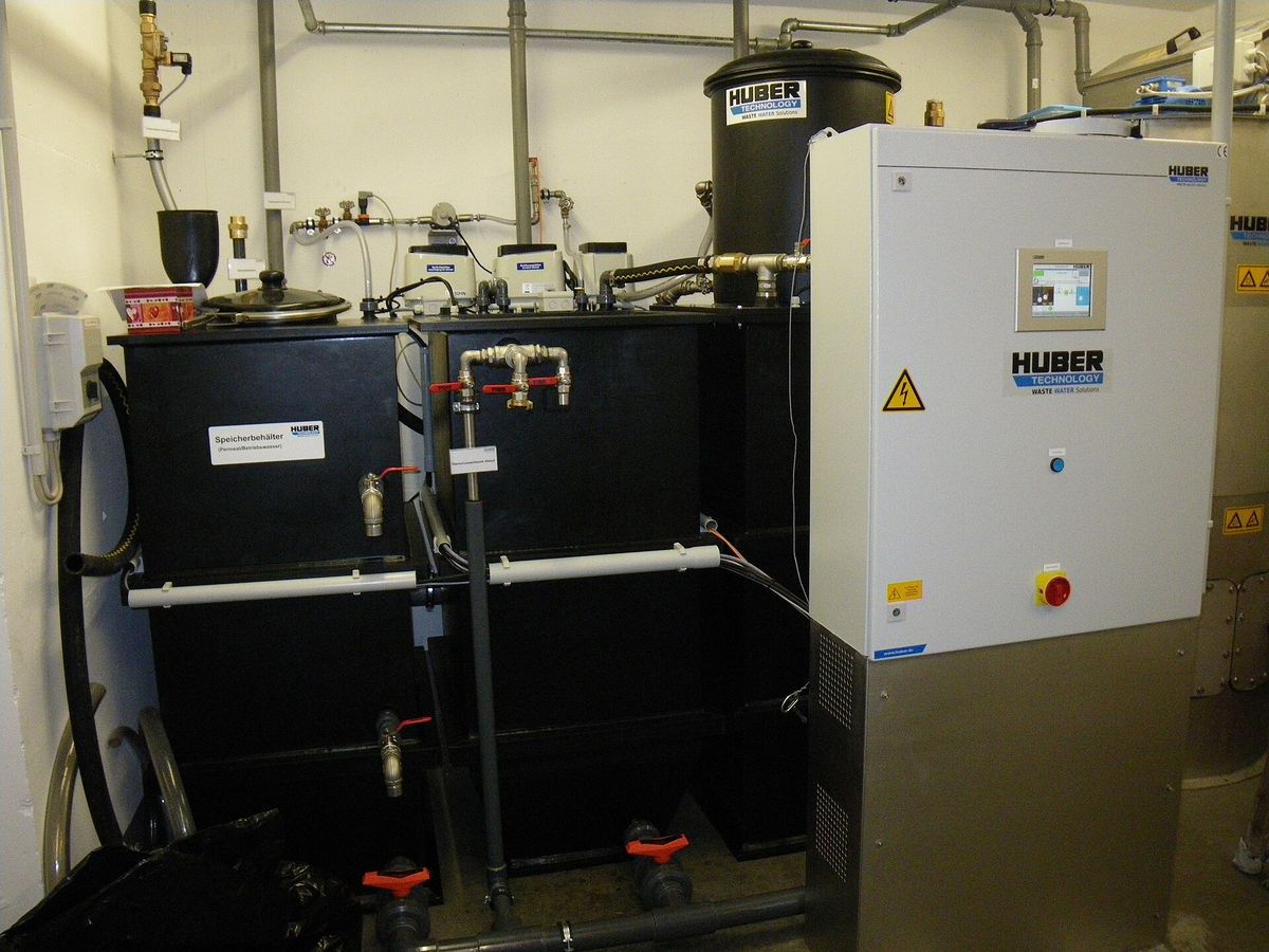 An installed residential greywater treatment system with filtration tanks