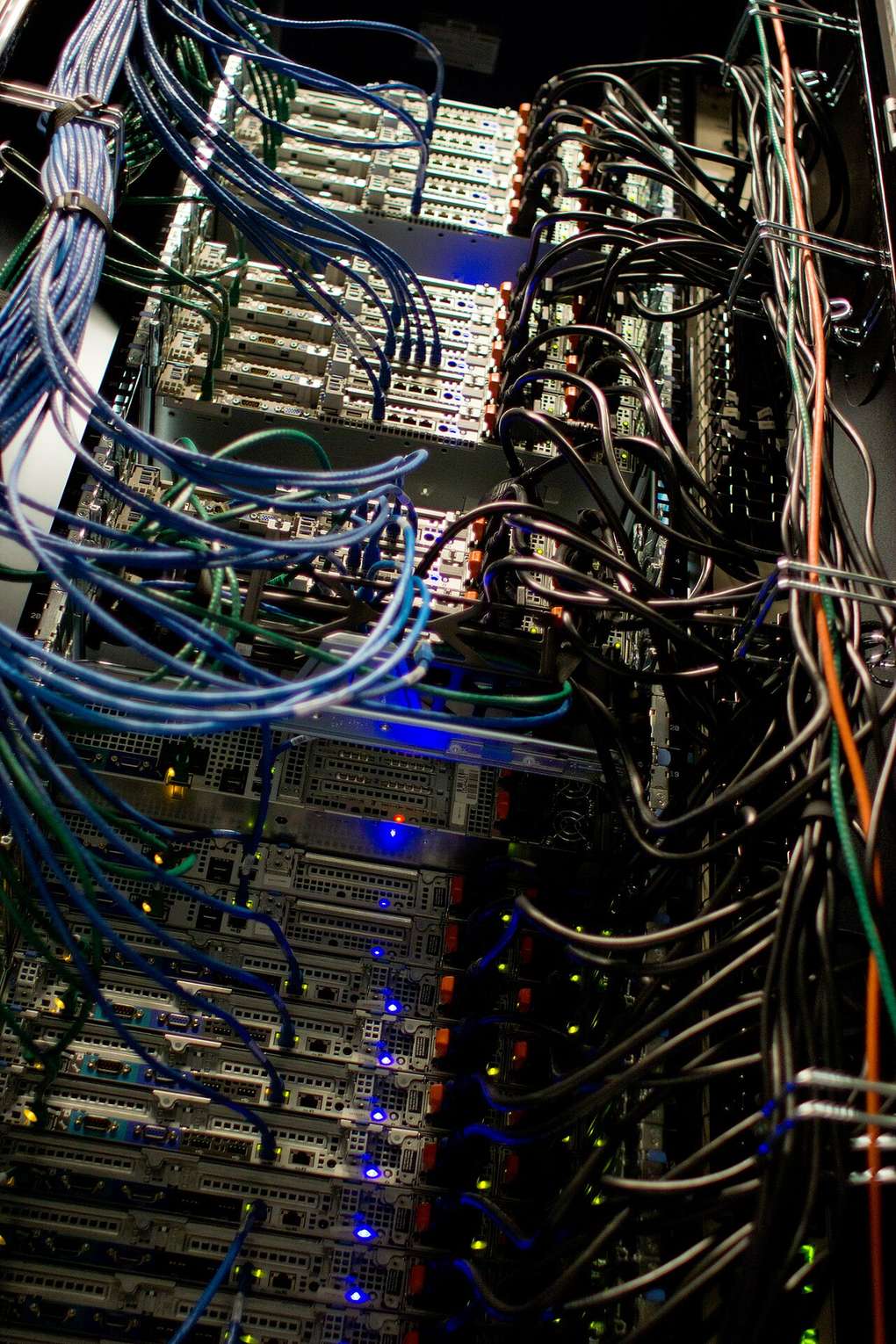 Rack-mounted servers with dense network cabling and status lights